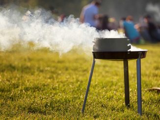 Holzkohlegrill steht auf der Wiese und qualmt